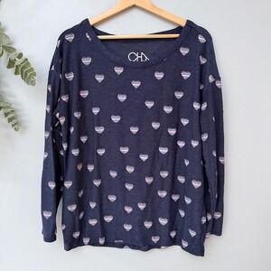 Chaser Sweater Preppy Long Sleeve Heart Print Crew Neck Pullover Navy Blue Cute